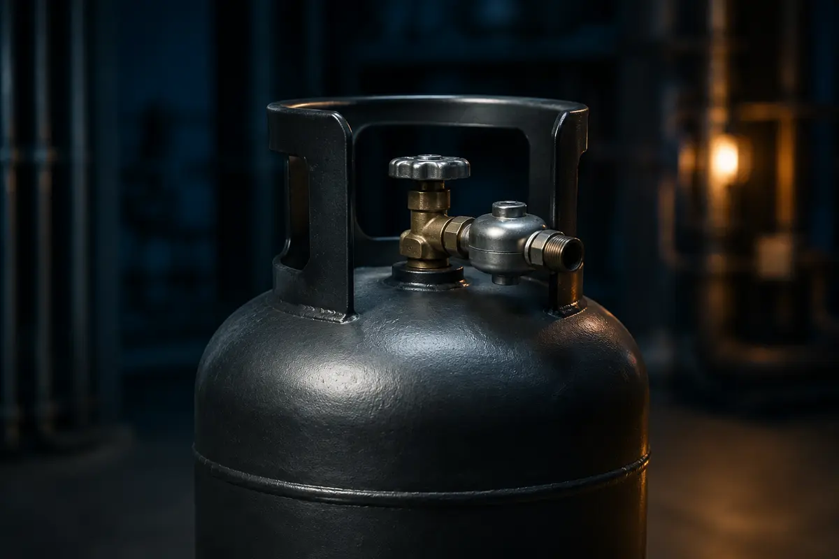 Close-up of an LPG cylinder valve and protective collar