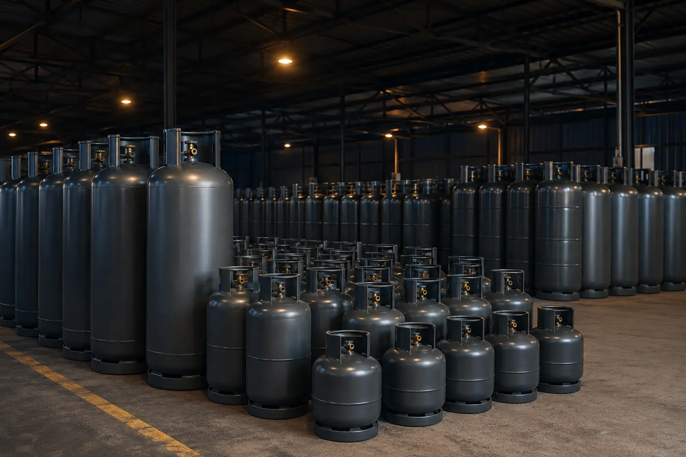 Rows of LPG cylinders in multiple commercial sizes