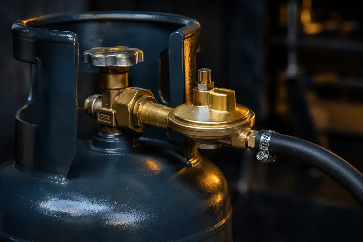 LPG regulator and reinforced hose installed on a cylinder